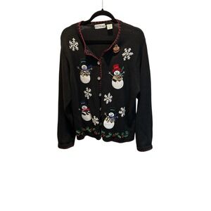 Vintage Snowman Cardigan Sweater‎ Women's XL  Embellished With Rhinestone